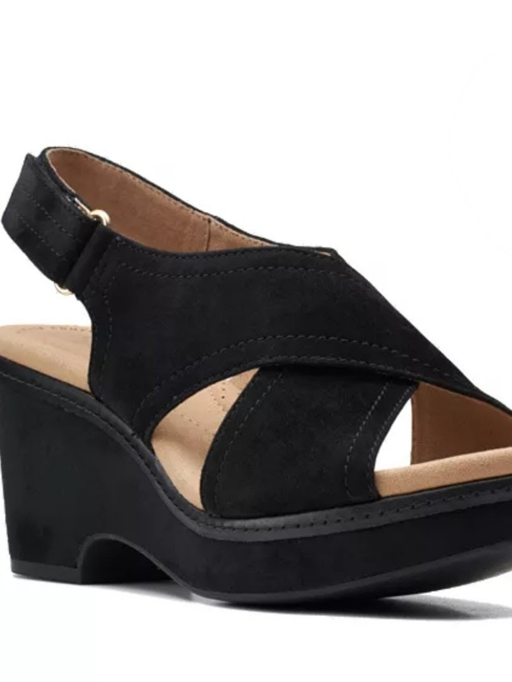 NWT! Clarks Suede Slingback Platform Wedge Sandals in BLACK Sz 6.5W